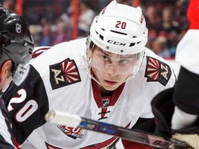 Dylan Strome of the Arizona Coyotes looks on during a faceoff against the Ottawa Senators in his first NHL game at Canadian Tire Centre on Oct. 18, 2016 in Ottawa. (Francois Laplante/FreestylePhoto/Getty Images)