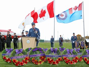 Lieutenant-General Mike Hood speaks to an assembled crowd during a cairn dedication ceremony for the crash of Boxtop Flight 22 on Sunday October 30, 2016 in Quinte West, Ont. Thirteen survived and five died in the crash which occurred 25 years ago at CFS Alert. Tim Miller/Belleville Intelligencer/Postmedia Network