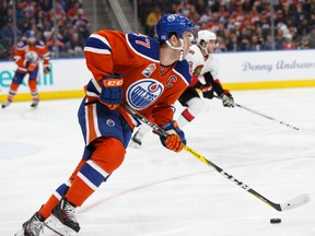 Edmonton's Connor McDavid carries the puck during the first period of Sunday's game between the Edmonton Oilers and the Ottawa Senatorsat Rogers Place. (Ian Kucerak)