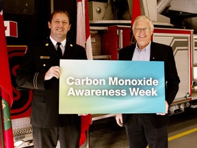 Deputy fire chief Jeff Slager and Oxford MPP Ernie Hardeman (from left to right) celebrate the launch of the third annual Carbon Monoxide Awareness Week on Friday at the Woodstock Fire Department. (BRUCE CHESSELL/Sentinel-Review)