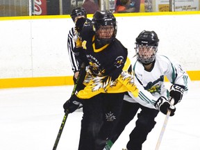 The Mitchell U16A Stingers ringette team faced off against Kitchener Oct. 15 at the Mitchell Arena. Pictured, Amy Gras (left) plays a game of keepaway after turning the tables on the Kitchener offense. GALEN SIMMONS MITCHELL ADVOCATE