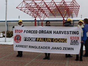 A group of volunteers from Edmonton was in Drayton Valley recently protesting against organ harvesting. The team was from Falun Dafa (Falun Gong) and they have been going around various parts of the province for the cause.