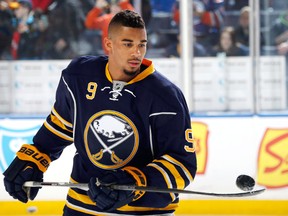 Evander Kane of the Buffalo Sabres warms up to play the Edmonton Oilers at First Niagara Center on March 1, 2016 in Buffalo. (Jen Fuller/Getty Images)