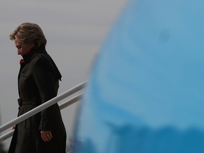 Democratic presidential nominee former Secretary of State Hillary Clinton arrives at Cleveland Burke Lakefront airport on October 31, 2016 in Cleveland, Ohio. With just over a week to go until election day, Hillary Clinton is campaigning in the battleground state of Ohio. (Photo by Justin Sullivan/Getty Images)