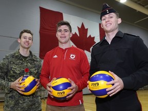 Fourth-year Royal Military College volleyball players, from left, Jordan Larocque, Scott Wood and Blake McClelland. (Ian MacAlpine/The Whig-Standard)