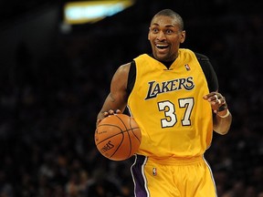 Ron Artest of the Los Angeles Lakers moves the ball against the Utah Jazz during Game 2 of the Western Conference Semifinals of the 2010 NBA Playoffs at Staples Center. (Harry How/Getty Images)