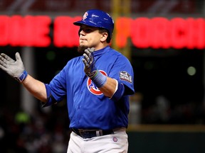 Kyle Schwarber of the Chicago Cubs reacts after hitting an RBI single during the fifth inning against the Cleveland Indians in Game 2 of the 2016 World Series at Progressive Field on Oct. 26, 2016 in Cleveland. (Ezra Shaw/Getty Images)