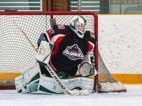 Goaltender Doug Johnston of the Gananoque Islanders follows the puck during a 6-1 Provincial Junior Hockey League win over the Amherstview Jets on Sunday, Oct. 23, in Amherstview. This past Sunday, Johnston shut out the Napanee Raiders, 2-0, in Gananoque. (TIM GORDANIER/The Whig-Standard/Postmedia Network)