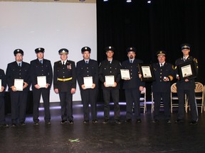 Annually the Northeast Ontario Provincial Police present awards to local OPP, Fire fighters, emergency personnel and the general public. Last week, members of the Cochrane Fire Department and OPP  were presented with  OPP commendations and citations for bravery. Northeastern OPP Mike Pilon, (left to right) poses with firefighters Dave Saunders, Craig Crawford, Kurtis King, OPP Commissioner J.V.N. (Vince) Hawkes,  firefighters Brian Malherbe, Chad Porter, and Marc Grenon, Fire Chief Richard Vallée and OPP Sargeant  Steven Pope, some of the people who received awards at the presentation. Missing from the photo are Randy Martin, Michel Charron and Erik Mayer.