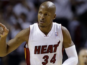 Miami Heat guard Ray Allen gestures after scoring a three-point basket during the first half Game 6 in the NBA basketball playoffs Eastern Conference finals against the Indiana Pacers, in Miami. (AP Photo/Lynne Sladky, File)