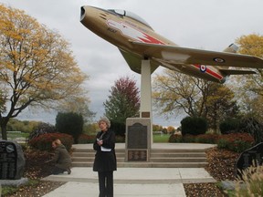 Sarnia Horticultural Society President Barb Toye speaks in front of the Golden Hawk memorial in Germain Park on Oct. 21. 
CARL HNATYSHYN/SARNIA THIS WEEK