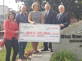 The West Wawanosh Mutual Insurance company has pledged $25,000 to the Wingham and District Hospital Foundation campaign. L-R: WDH Foundation Director Jenny Hogervorst, Fundraising Chair Mark Foxton, WWIC CEO Cathie Simpson, WWIC Director Dan Burns, and WWIC Board Chair Brian MacKay.