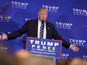 Republican presidential nominee Donald Trump delivers remarks about the Affordable Care Act at the DoubleTree by Hilton November 1, 2016 in Valley Forge, Pennsylvania. Trump and vice presidential nominee Mike Pence both highlighted what they see as the failures of Obamacare. (Photo by Chip Somodevilla/Getty Images)