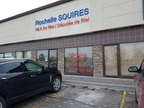 Someone graffitied the constituency office of Riel MLA Rochelle Squires. The message read," Attacking Unifor, attacking working class." The vandalism and who is responsible for it became an issue at the Manitoba Legislature in Winnipeg on Nov. 1, 2016. (SUPPLIED PHOTO)