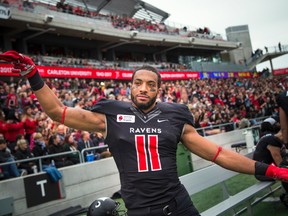 Carleton Ravens Nate Behar celebrates a win over the Ottawa Gee-Gees last month in Ottawa. Behar says his team is ready to face the Western Mustangs in a matchup he says has a `storybook? feel to it. (Ashley Fraser / Postmedia News)
