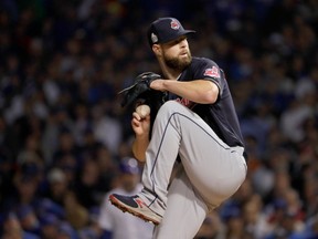 Corey Kluber of the Cleveland Indians pitches in the first inning against the Chicago Cubs in Game Four of the 2016 World Series at Wrigley Field on October 29, 2016 in Chicago, Illinois. (Jamie Squire/Getty Images)