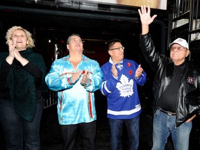 Josee Luisgnan, President of I Love First Peoples, Chief Stacey Laforme, representing the Territory and Treaty Lands of the Mississaugas of the Credit of Anishnabe, Alvin Fiddler, Grand Chief of the Nishnawbe Aski Nation and Fred Sasakamoose, the NHL's first Indigenous player, at the Air Canada Centre on Tuesday night. (Photo credit: Graig Abel)