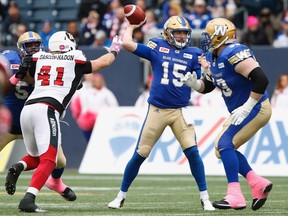 Winnipeg Blue Bombers quarterback Matt Nichols (15) throws with pressure from Ottawa Redblacks' Arnaud Gascon-Nadon (41) during the first half of last Saturday's game against Ottawa. (THE CANADIAN PRESS/John Woods file photo)