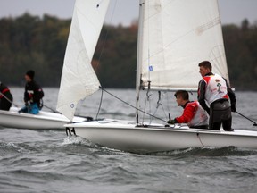 RMC's Officer Cadet Sam Lowery and Officer Cadet Seamus Ryan-Lloyd compete at the Canadian Intercollegiate Sailing Association Fleet Racing Nationals hosted by the Royal Military College of Canada in Kingston, Ont. on Saturday October 29, 2016. Steph Crosier/Kingston Whig-Standard/Postmedia Network