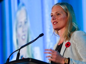 Catherine McKenna, Federal Minister of Environment and Climate Change, speaks at the CanWEA conference in Calgary, Alta., Wednesday, Nov. 2, 2016.THE CANADIAN PRESS/Jeff McIntosh