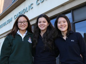 Tim Miller/The Intelligencer
Joy, Mariana and Aiko from Korea, Mexico and Japan respectively, are all attending Nicholson Catholic College as part of the school's international student program on Wednesday in Belleville.