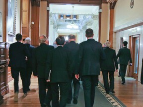 Ontario PC Leader Patrick Brown leaves the legislature at Queen's Park with members of his caucus in protest on Wednesday November 2, 2016. (Veronica Henri/Toronto Sun)