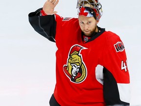 Ottawa Senators goalie Craig Anderson acknowledges the crowd as he was announced as the Molson Star of the month for October at Canadian Tire Centre before taking on the Carolina Hurricanes on Nov. 1, 2016. (Errol McGihon/Postmedia)