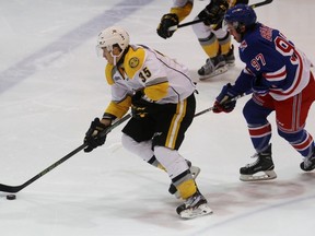 Jeremy Bracco of the Kitchener Rangers chases Sarnia Sting forward Nikita Korostelev up the ice during the Ontario Hockey League game at Progressive Auto Sales Arena on Wednesday, Nov. 2, 2016 in Sarnia, Ont. The two Toronto Maple Leafs' draft picks faced off for the second time this season. (Terry Bridge/Sarnia Observer)