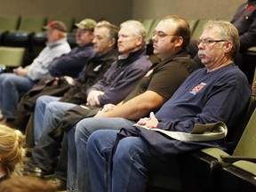 Volunteer firefighters and supporters lined the gallery at the City of Greater Sudbury council meeting in Sudbury earlier this year. (Gino Donato/Sudbury Star)