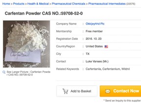 This Nov. 2, 2016 image shows a portion of a webpage offering the powerful opioid carfentanil for sale by a company called "Okkijeyhhd Plc" listed in the U.S., but linked by contact information to the Apex Special Chemical Medicine Trade Co., whose listed address is in China. The product description further down the page says, "Carfentanil is 10,000 times more potent than m.o.r.p.h.i.n.e and 5,000 times more potent than pharmaceutical grade (100% pure) h.e.r.o.i.n according to the illicit drug conversion table that issued by China Food and Drug Administration." (AP Photo)