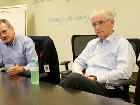 Rob Devitt, left, the provincially-appointed supervisor who is running the Chatham-Kent Health Alliance with interim CEO Ken Deane, right, provided an informal 60-day progress update to local reporters in Chatham, Ont. on Wednesday November 2, 2016. (Ellwood Shreve/Chatham Daily News/Postmedia Network)
