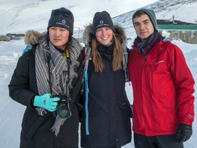 University of Toronto student Eva Wu (left) and Western University students Gabrielle Foss and Patrick Hickey in Kangiqsujuaq, Nunavik. (File photo)