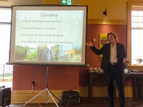 Dr. Janice Gilbert speaks to elected officials from 14 municipalities about phragmites, which has infested the Lake Huron shoreline. (Darryl Coote/The Goderich Signal Star)