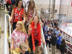 Students from Woodstock Collegiate Institute and Glendale High School hustle down the steps at the Woodstock Community Complex during the United Way Student Stair Climb on Thursday, November 3, 2016. (MEGAN STACEY/Sentinel-Review)