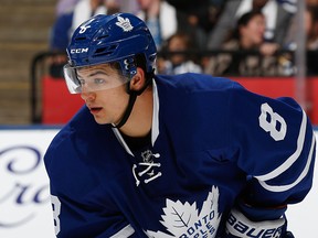 Connor Carrick of the Toronto Maple Leafs prepares for a faceoff against the Boston Bruins at the Air Canada Centre on Oct. 15, 2016 in Toronto. (Kevin Sousa/NHLI via Getty Images)