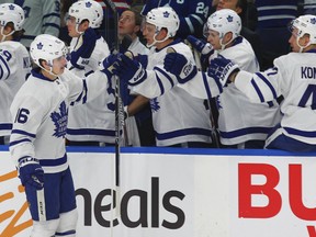 Toronto Maple Leafs centre Mitch Marner celebrates his goal during the first period of an NHL game against the Buffalo Sabres on Nov. 3, 2016, in Buffalo. (AP Photo/Jeffrey T. Barnes)