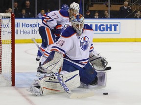 Cam Talkbot makes a stop against the Rangers during Thursday's game in New York. (Getty Images)