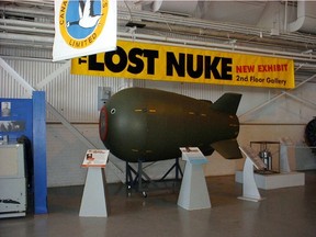 The American Mark IV nuclear weapon, one step up from "Fat man" bomb of Nagasaki fame. This is a copy on display at a Lost Nuke exhibit at the Royal Aviation Museum of Western Canada in Winnipeg. For as John Mackie story. (File Photo)