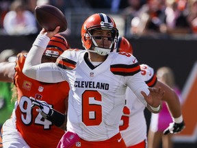 Cleveland Browns quarterback Cody Kessler throws under pressure in the first half of an NFL football game against the Cincinnati Bengals in Cincinnati. Kessler missed a Oct. 30, 2016, 31-28 loss to the New York Jets with a concussion but was cleared this week. (AP Photo/Gary Landers, File)