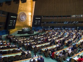 Wide view of the General Assembly meeting October 26, 2016 at the thirty-second plenary meeting of the General Assembly, at the UN in New York, convened to consider the necessity of ending the economic, commercial and financial embargo imposed by the United States of America against Cuba.
The United States on Wednesday abstained for the first time in 25 years from a vote at the United Nations calling for an end to the US embargo against Cuba. The UN General Assembly adopted the annual resolution by an overwhelming vote of 191 votes in favor -- with only the United States and Israel abstaining in the 193-nation forum.
/ AFP PHOTO / UNITED NATIONS / Amanda VOISARD