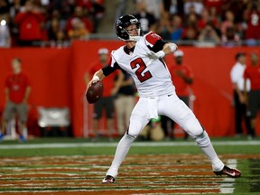 Quarterback Matt Ryan of the Atlanta Falcons drops back to pass during the second quarter of an NFL game against the Tampa Bay Buccaneers on November 3, 2016 at Raymond James Stadium in Tampa, Florida. (Brian Blanco/Getty Images)