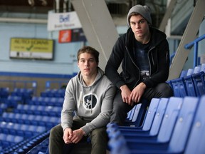 The Pilon twins, from left Drake and Darian before team practice in Sudbury, Ont. on Thursday November 3, 2016. Gino Donato/Sudbury Star/Postmedia Network