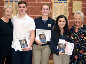 The Grade 12  Kurt Roy Award recipients and presenters of the award. From left - Mrs. Sharon Kaufman, Jack Ainsworth, Emma Berkvens, Maria Murcia and Ms. Deb Jobidon.