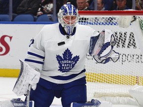 Toronto Maple Leafs goalie Frederik Andersen keeps his eyes on the puck during the first period of an NHL hockey game against the Buffalo Sabres, Thursday, Nov. 3, 2016, in Buffalo, N.Y. (AP Photo/Jeffrey T. Barnes)