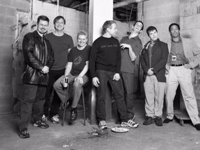 David Himelfarb, far right, and creative director Jim Millan, far left, with The Kids in the Hall in the basement of the Warfield Theater in San Francisco in 2000. (Dan Dion/Supplied)