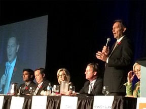 Left to right: Khan, Kenney, Jansen, Nelson, Starke (speaking), Kennedy-Glans at the PC convention in Red Deer on Nov. 5, 2016.