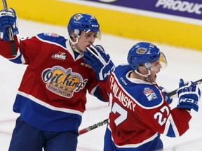 Edmonton's Trey Fix-Wolansky, right, celebrates a goal with Tyler Robertson at Rogers Place in Edmonton, Alberta on Tuesday, October 25, 2016. The Oil Kings defeated the Brandon Wheat Kings 6-3 on Saturday in Brandon, Man.