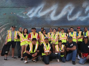 The Bear Clan's Thursday night patrol in May 2016, including organizer James Favel (third from right, front row). The patrol will be part of What Brings Us Here, a story told through Instagram. (Kevin King/Winnipeg Sun/Postmedia Network Files)