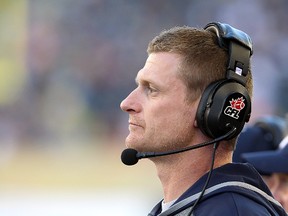 Winnipeg Blue Bombers head coach Mike O'Shea watches play against the Ottawa RedBlacks during CFL football. O'Shea was tight-lipped Sunday. (Brian Donogh/Winnipeg Sun/Postmedia Network)