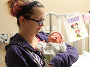 Kaarina Beavis of Espanola holds baby daughter Leah. The child was delivered in Espanola on Sept. 25 with help from the Virtual Critical Care set up at Health Sciences North. (Photo supplied)
